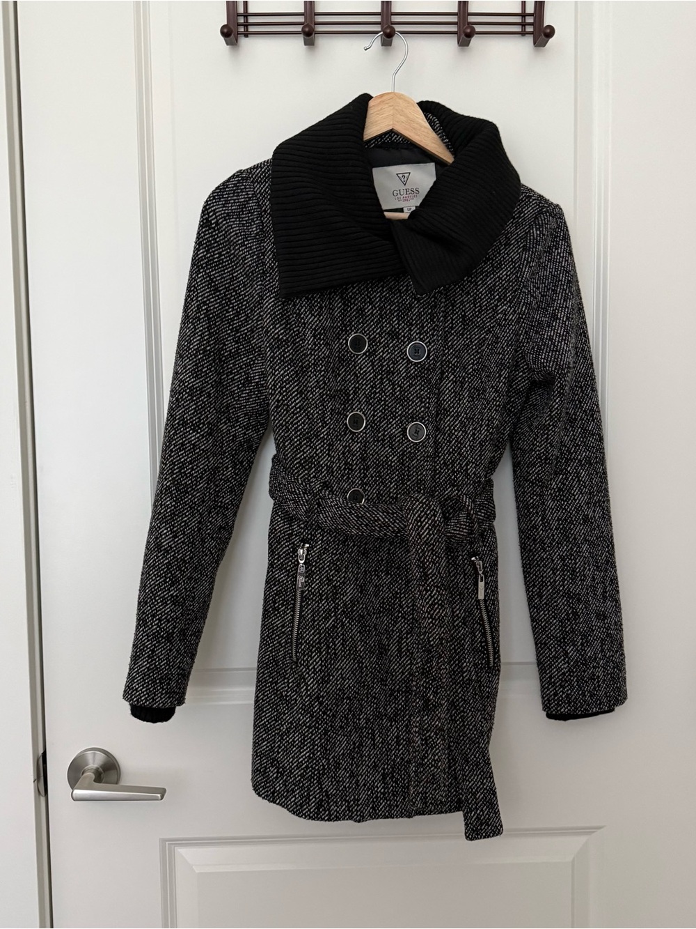 GUESS Black and Gray Double-Breasted Belted Pea Coat